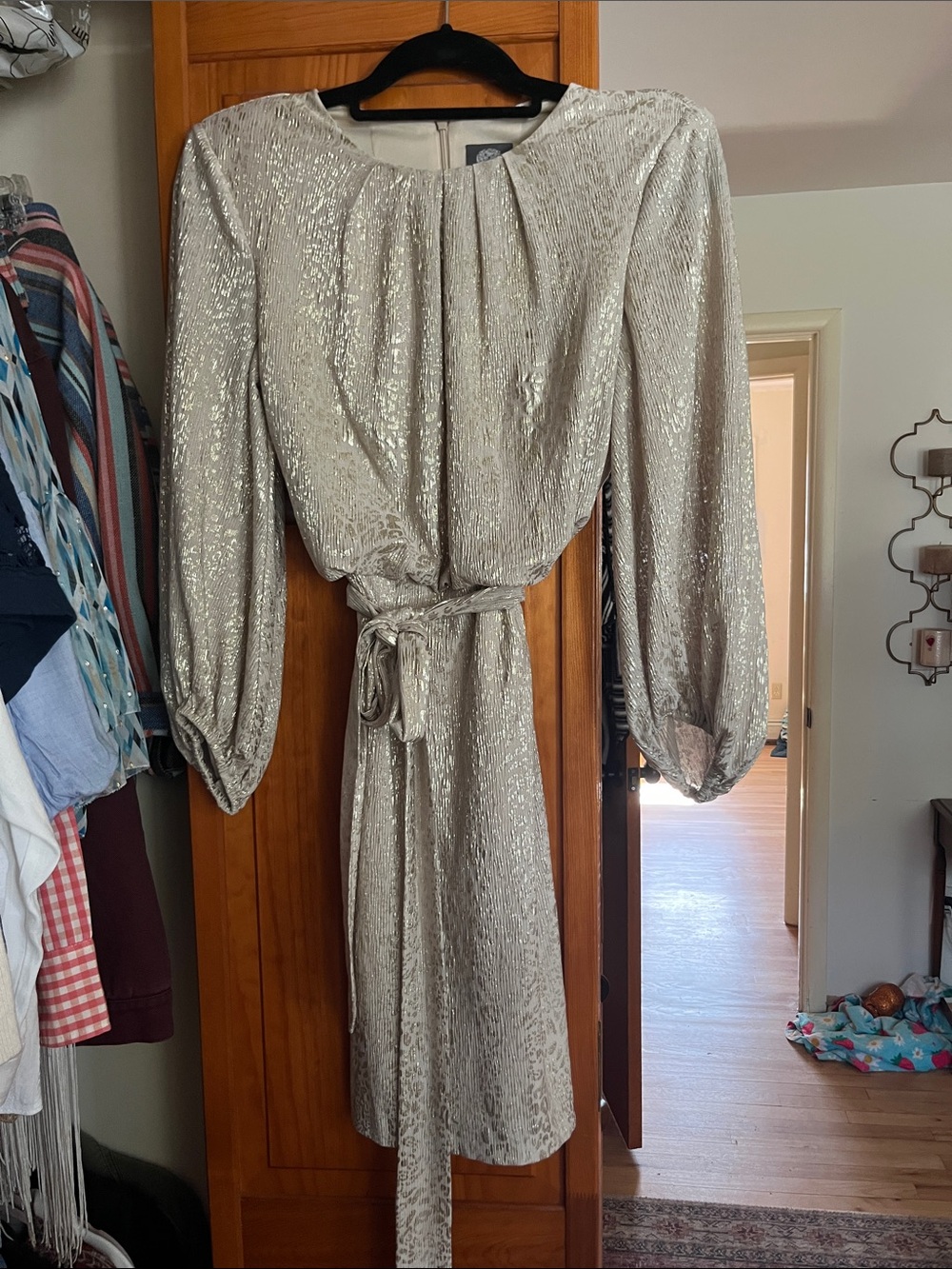 Vince Camuto Metallic Silver Long Sleeve Tie-Waist Dress